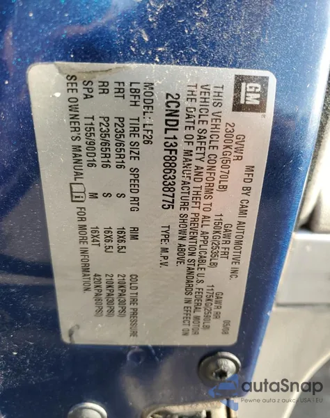 2008 Chevrolet Equinox Ls z USA, uszkodzony, nr VIN 2CNDL13F886338775